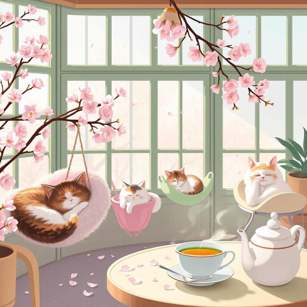 Surreal Cat Café with Cherry Blossoms and Pastel Décor