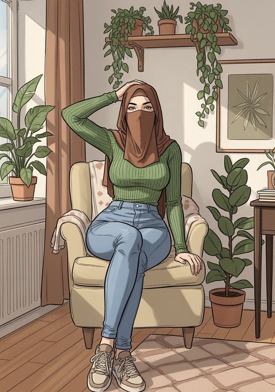 Woman in Niqab in Cozy Room, Graphic Novel Art
