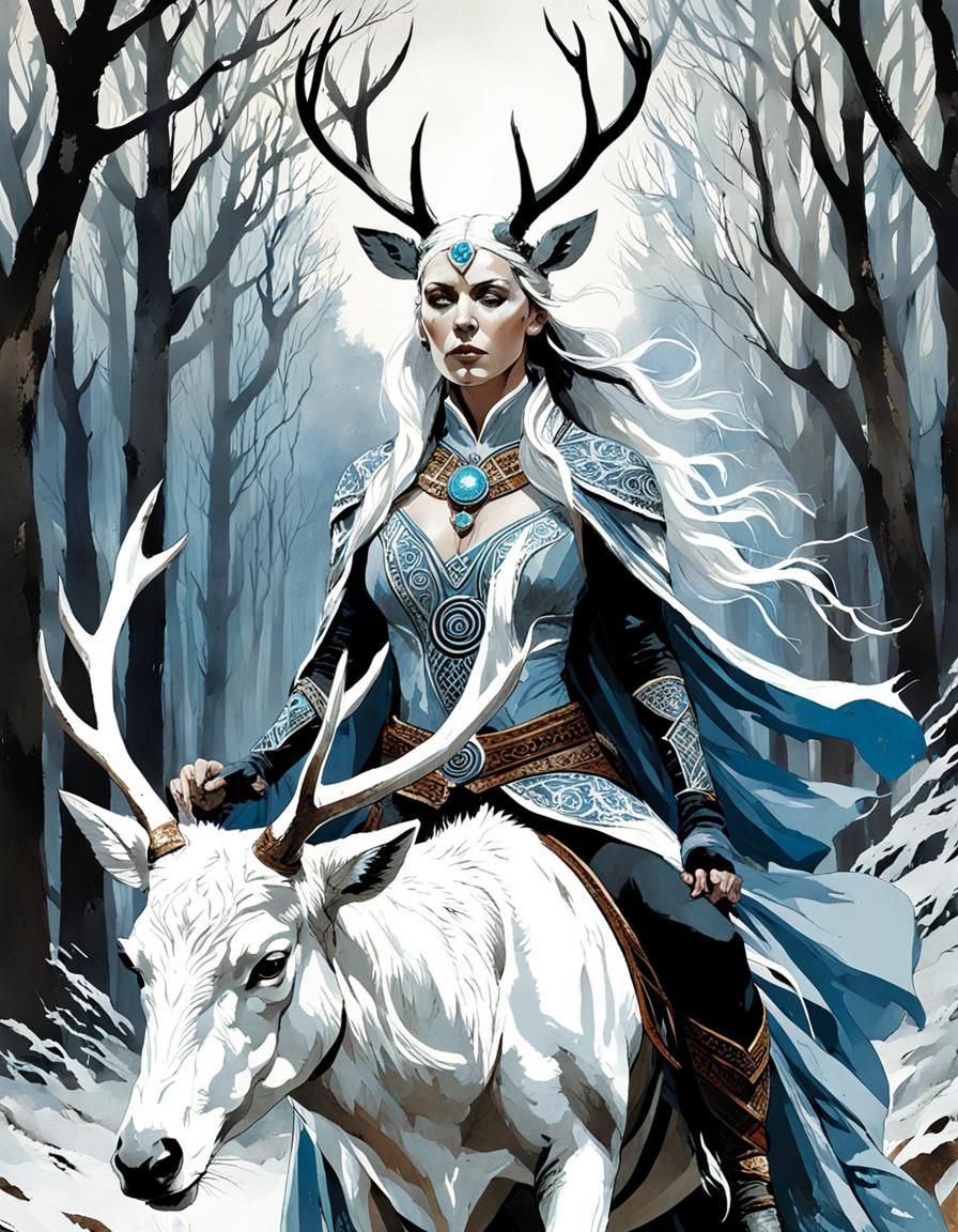 Celtic Sorceress Rides White Deer: Comic Book Illustration