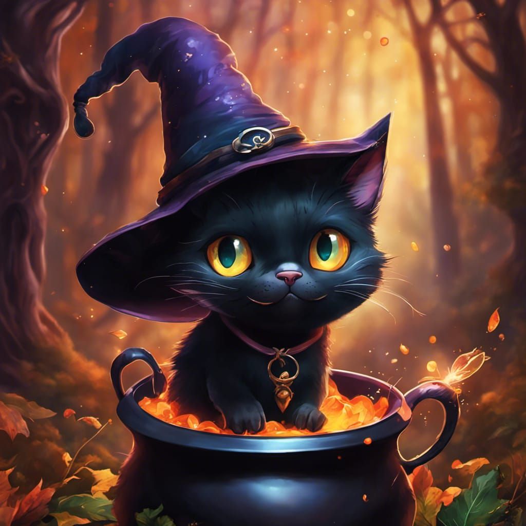Cute Black Cat in Witch Hat, Fantasy Art