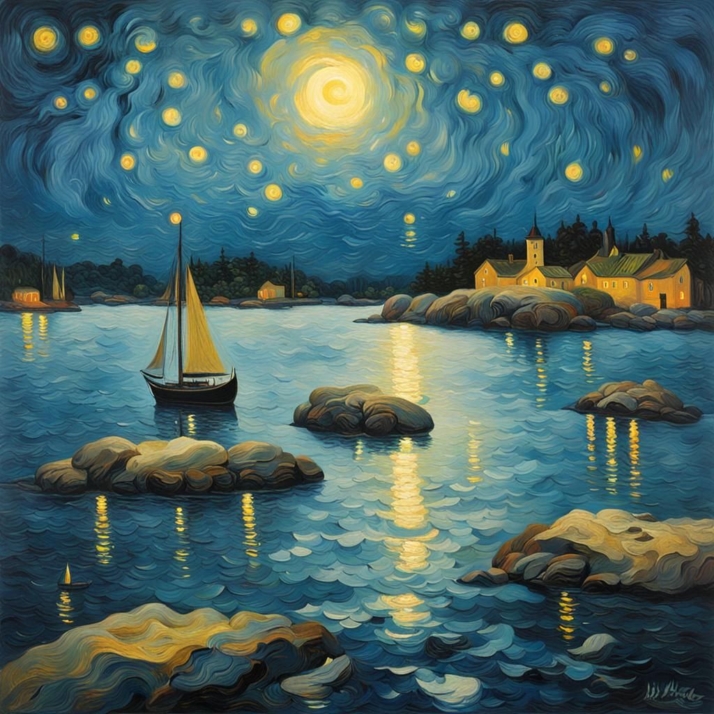 Stockholm Archipelago Dreamscape in Starry Night Style