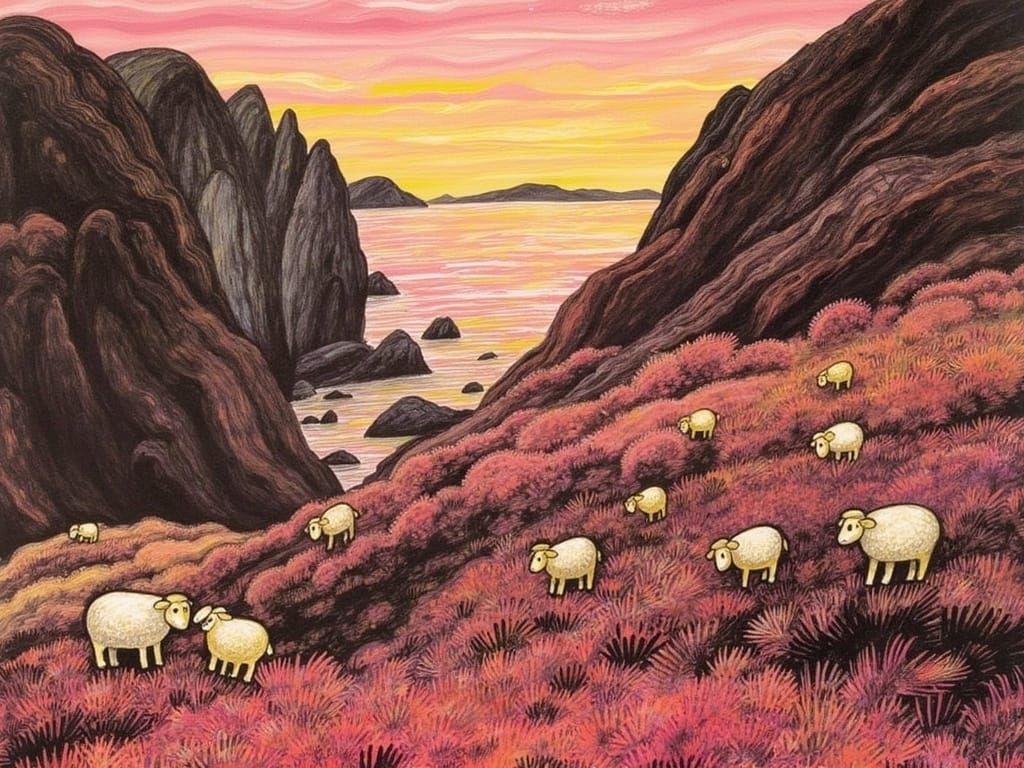 Shepherd and Sheep at Sunset: A Fairytale Scene