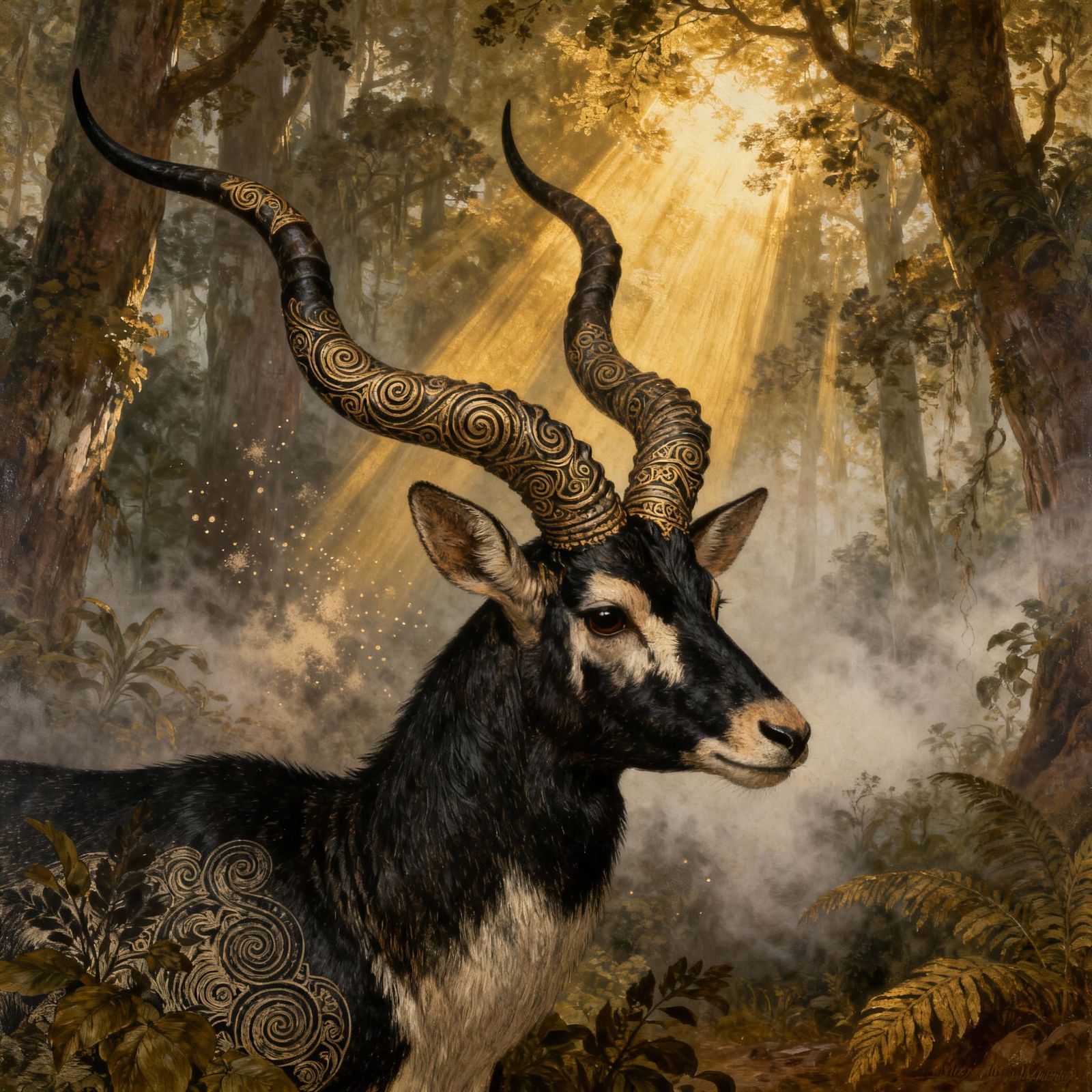 Majestic Blackbuck Antelope in Misty Forest, Victorian Oil P...