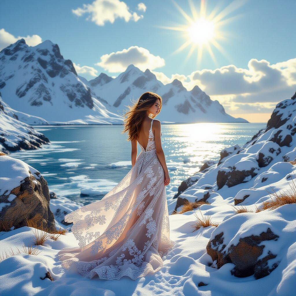 Woman in Lace Dress Amidst Rocky Mountain Landscape