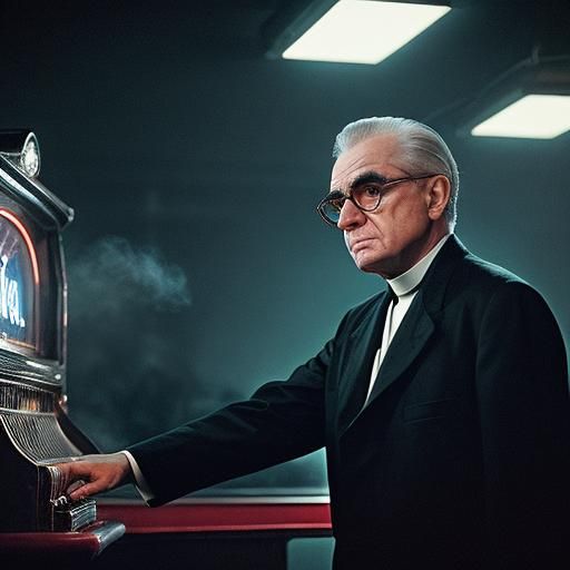 Priest in Nightclub: A Cinematic Film Still