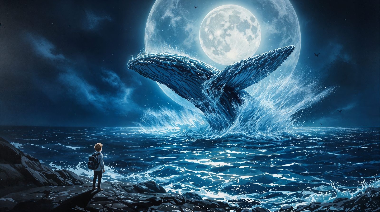 Whale Breaches Under Full Moonlit Sky in Impressionist Paint...