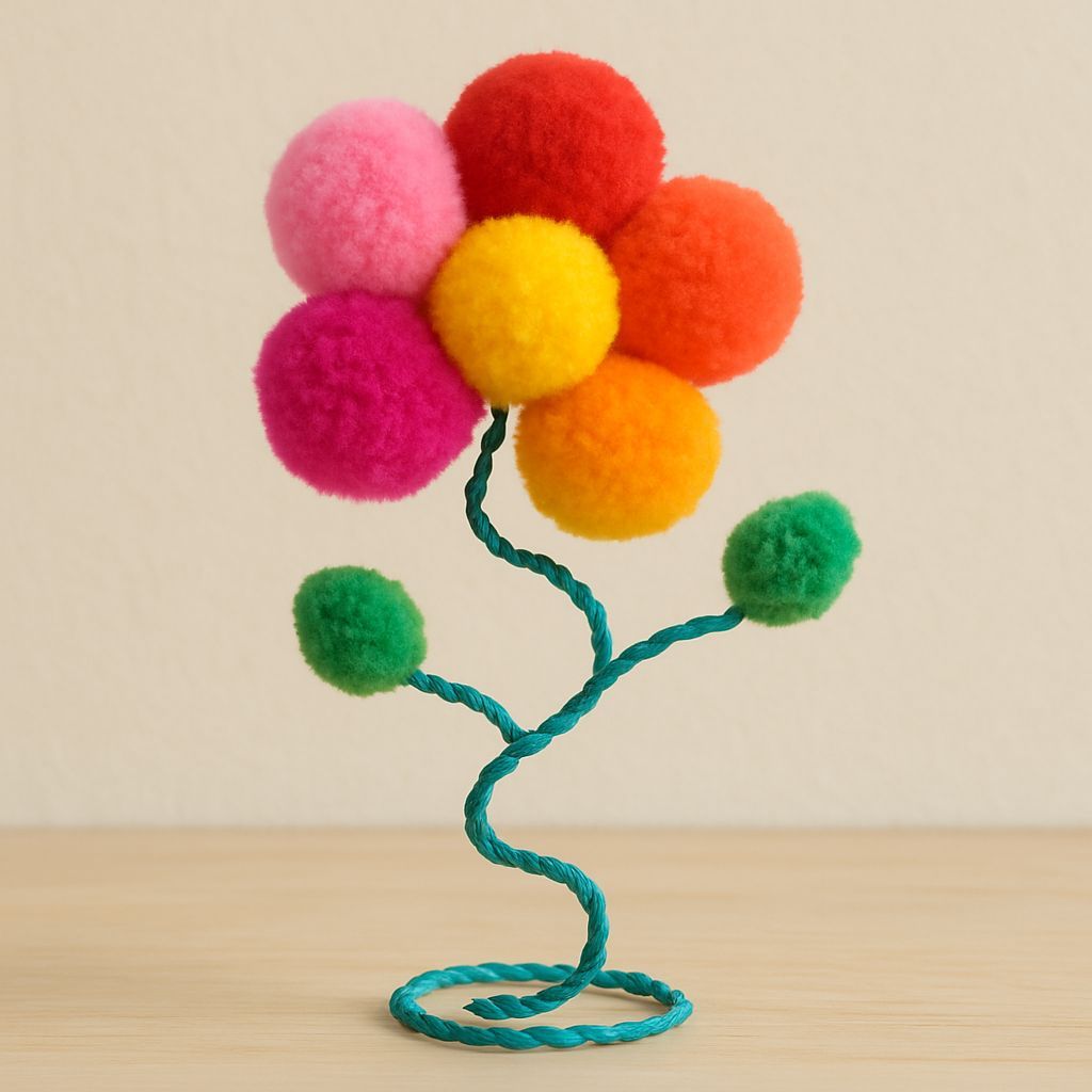 Whimsical Pom Pom and Wire Flower Sculpture