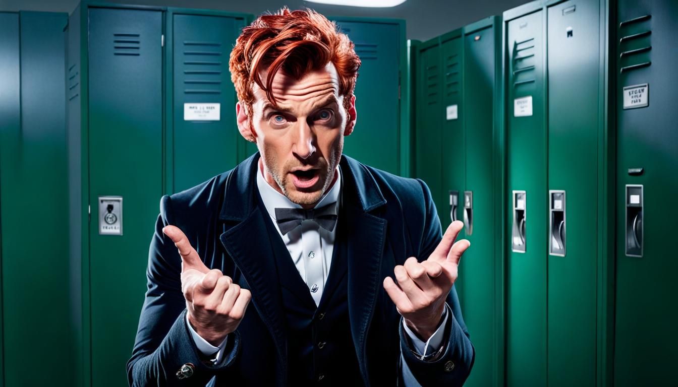 Shocked Redhead in Locker Room: Hyperrealistic Wide Angle