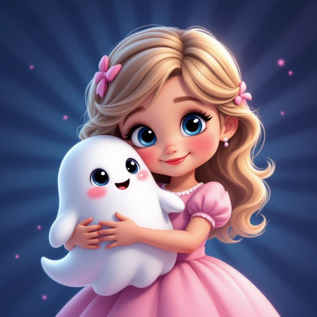 Girl Cuddling Friendly Ghost in Pixar Animation Style