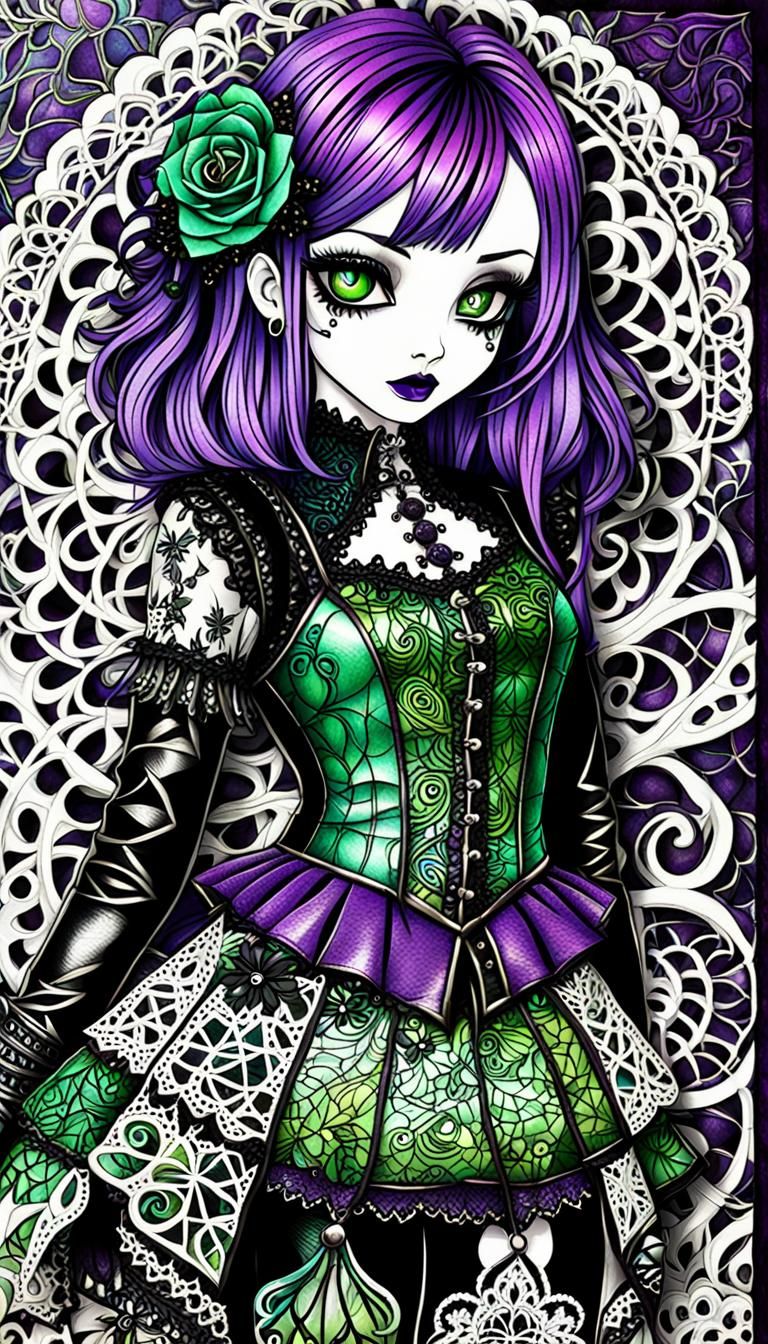 Gothic Zentangle Woman in Leather and Lace