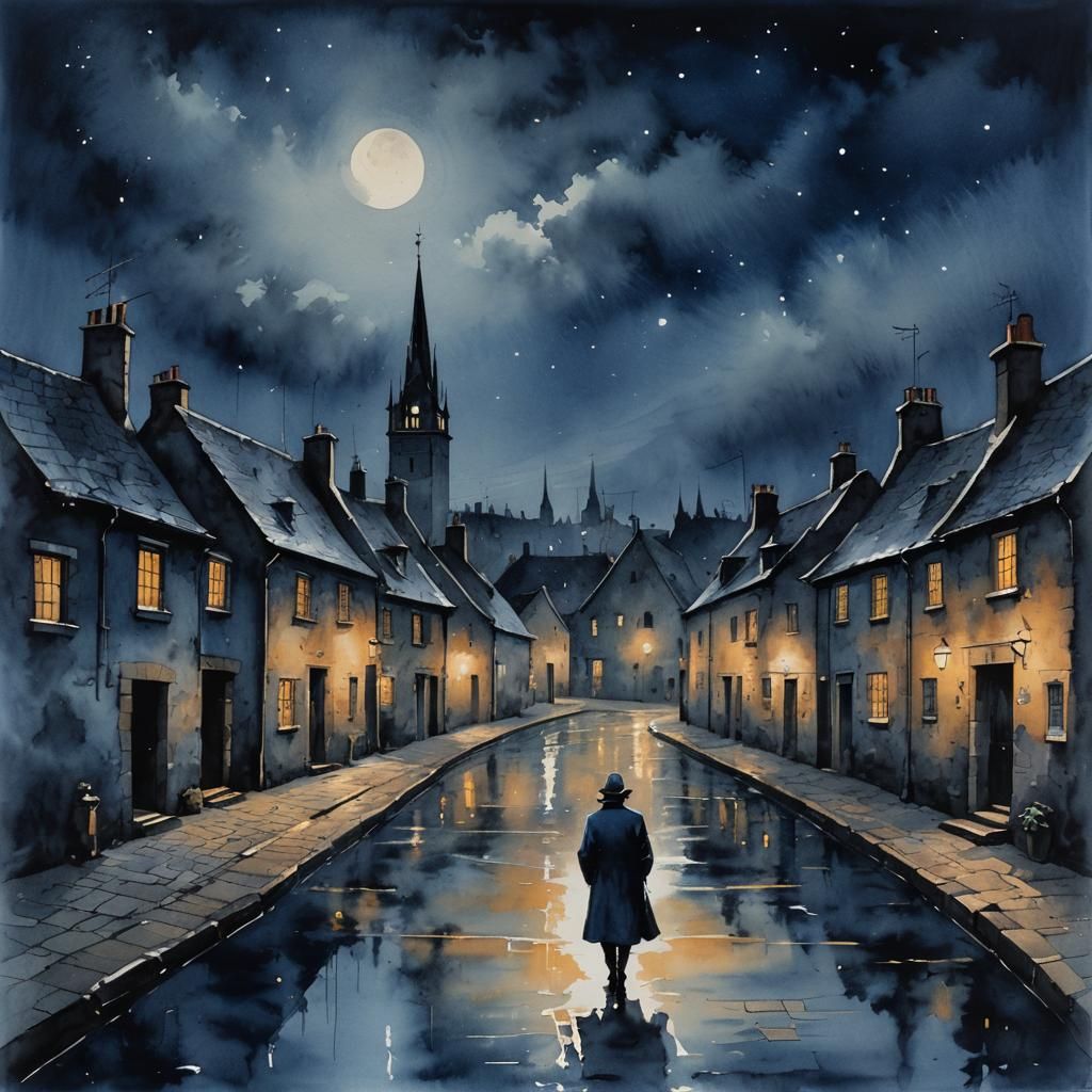 Moonlit Village Square in Ink, Clough Style
