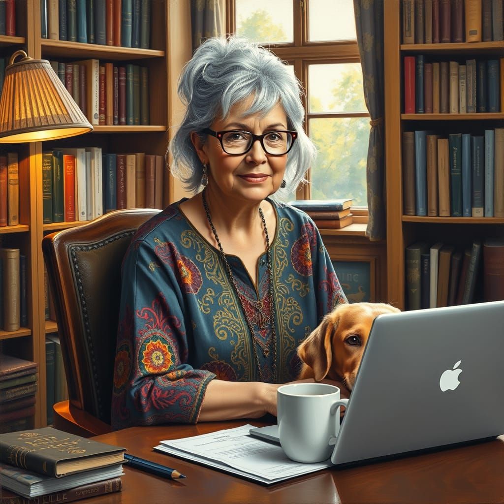 Cozy Study: Journalist at Work in Oil Painting Style