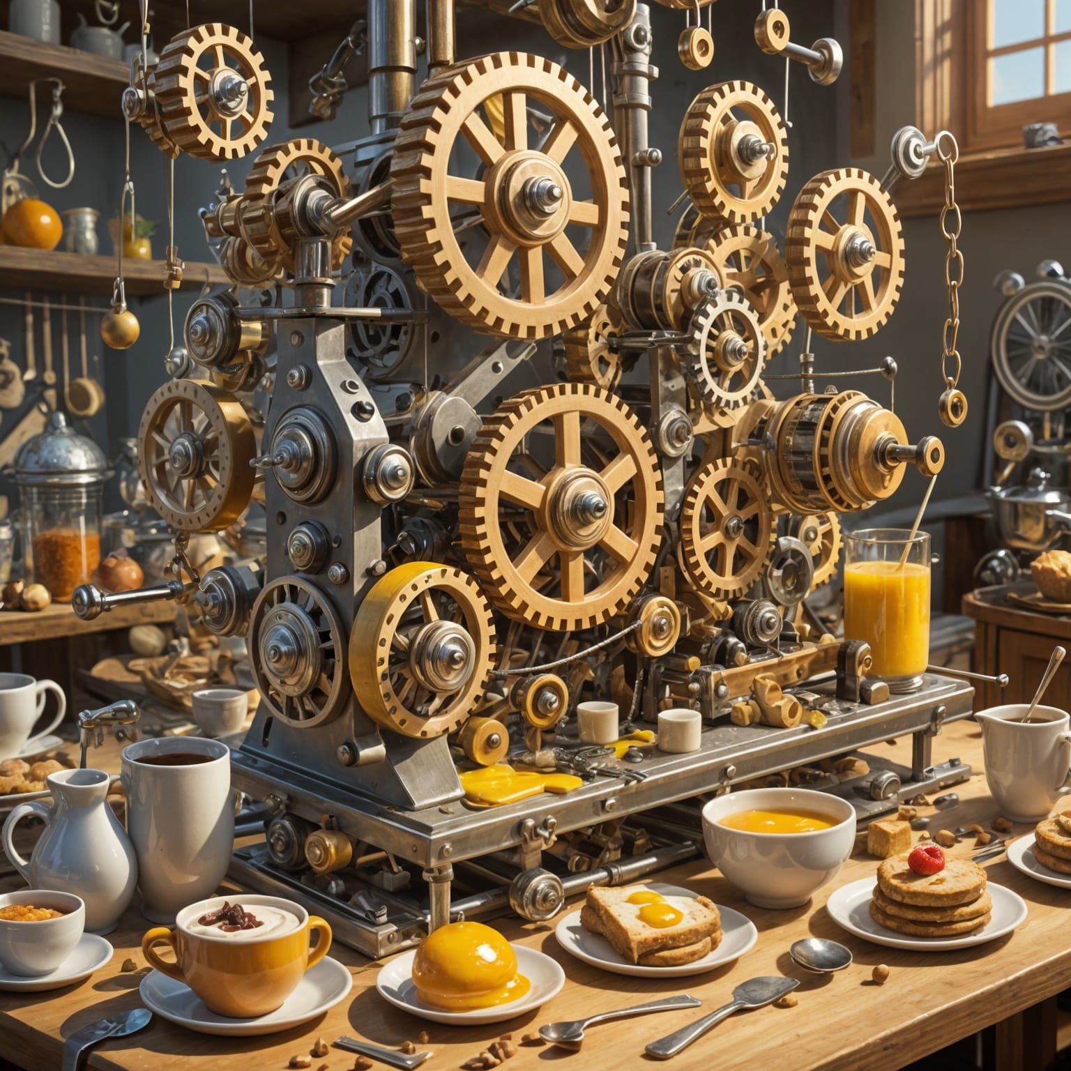 Complex Rube Goldberg Machine Prepares a Breakfast Feast