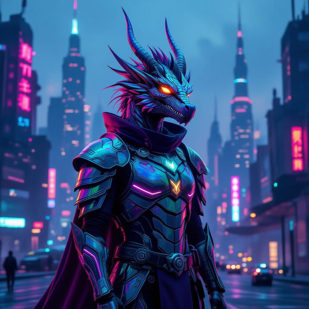 Cyberpunk Dragon in Neon Dystopian City