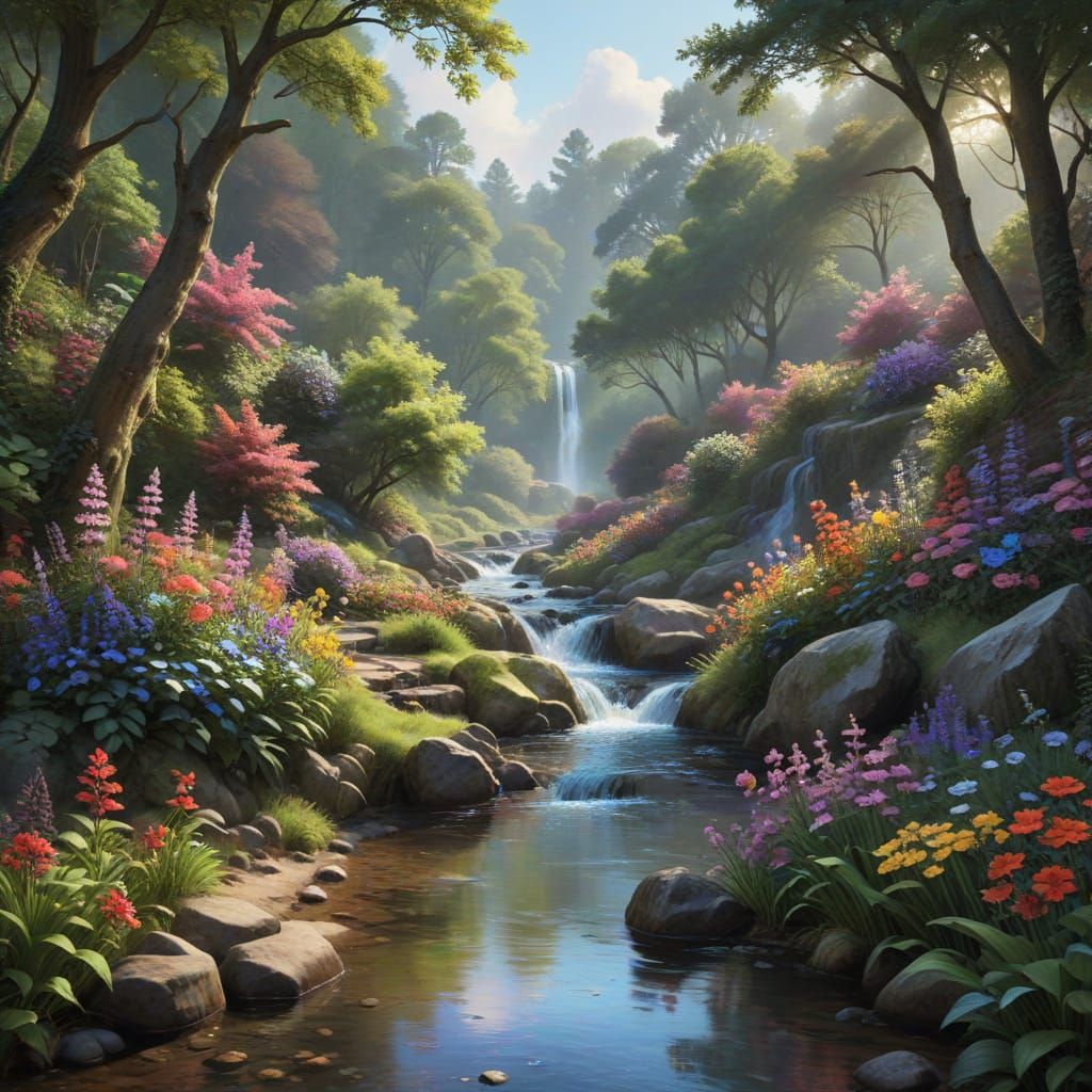 Peaceful Stream with Waterfall and Flowers