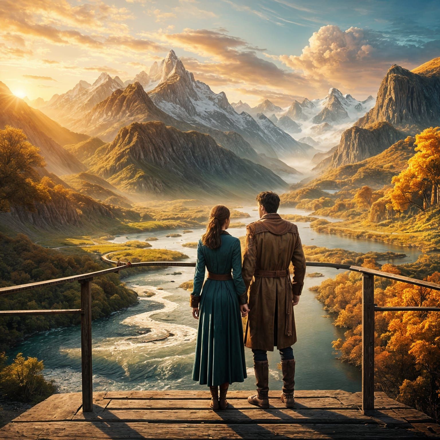 Couple on Bridge at Golden Hour: Cinematic Mountain View