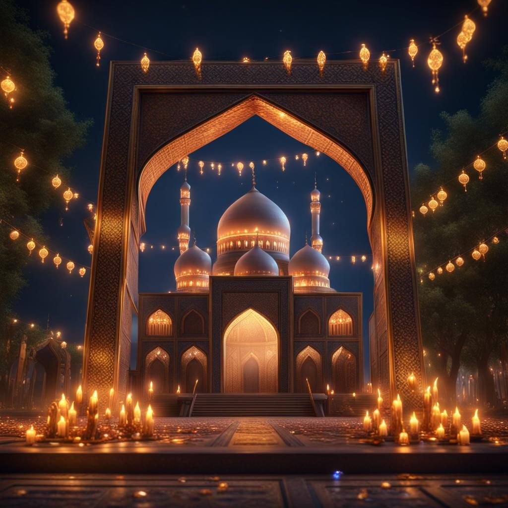 Festive Night at Muslim Shrine: Hyperrealistic Digital Art