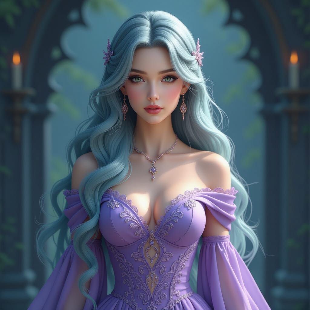 Fantasy Woman in Purple Dress with Pale Green Hair