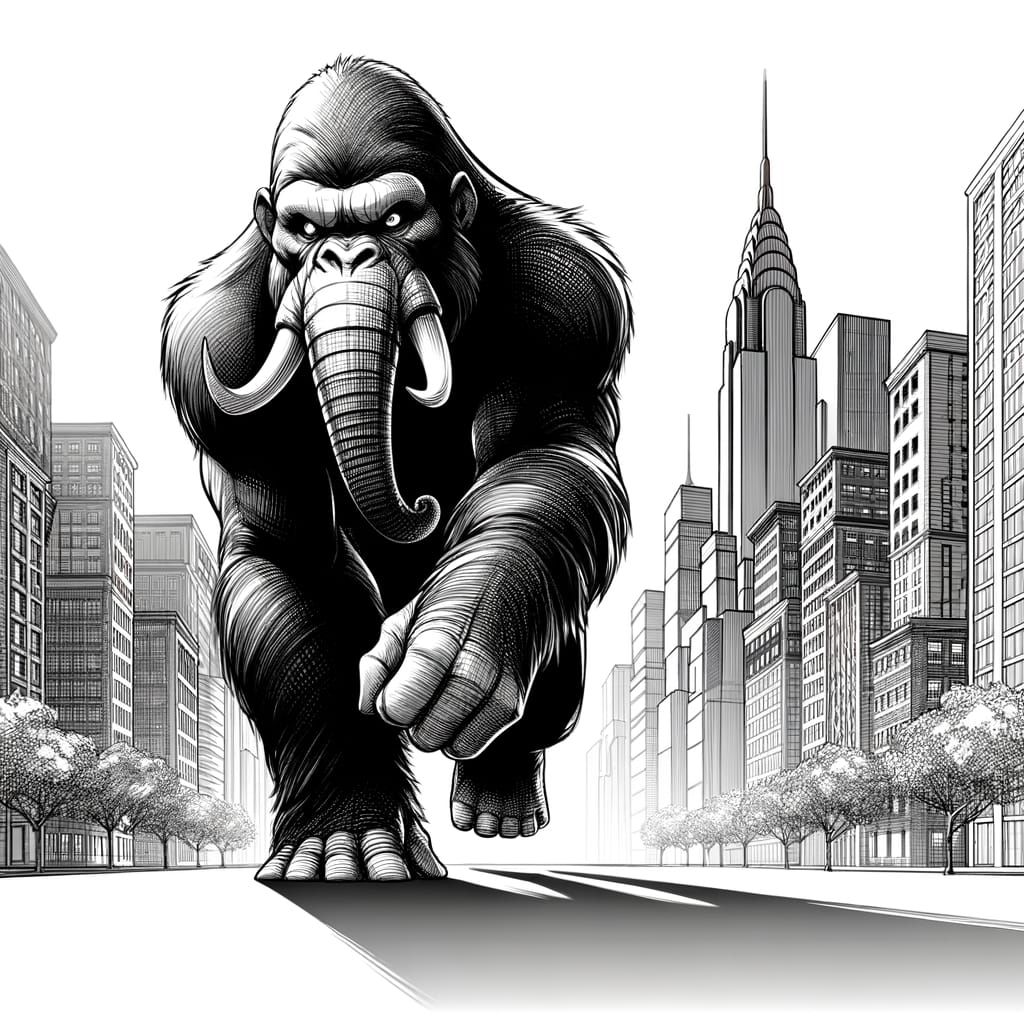 Gorilla-Elephant Hybrid Child Sketch in City