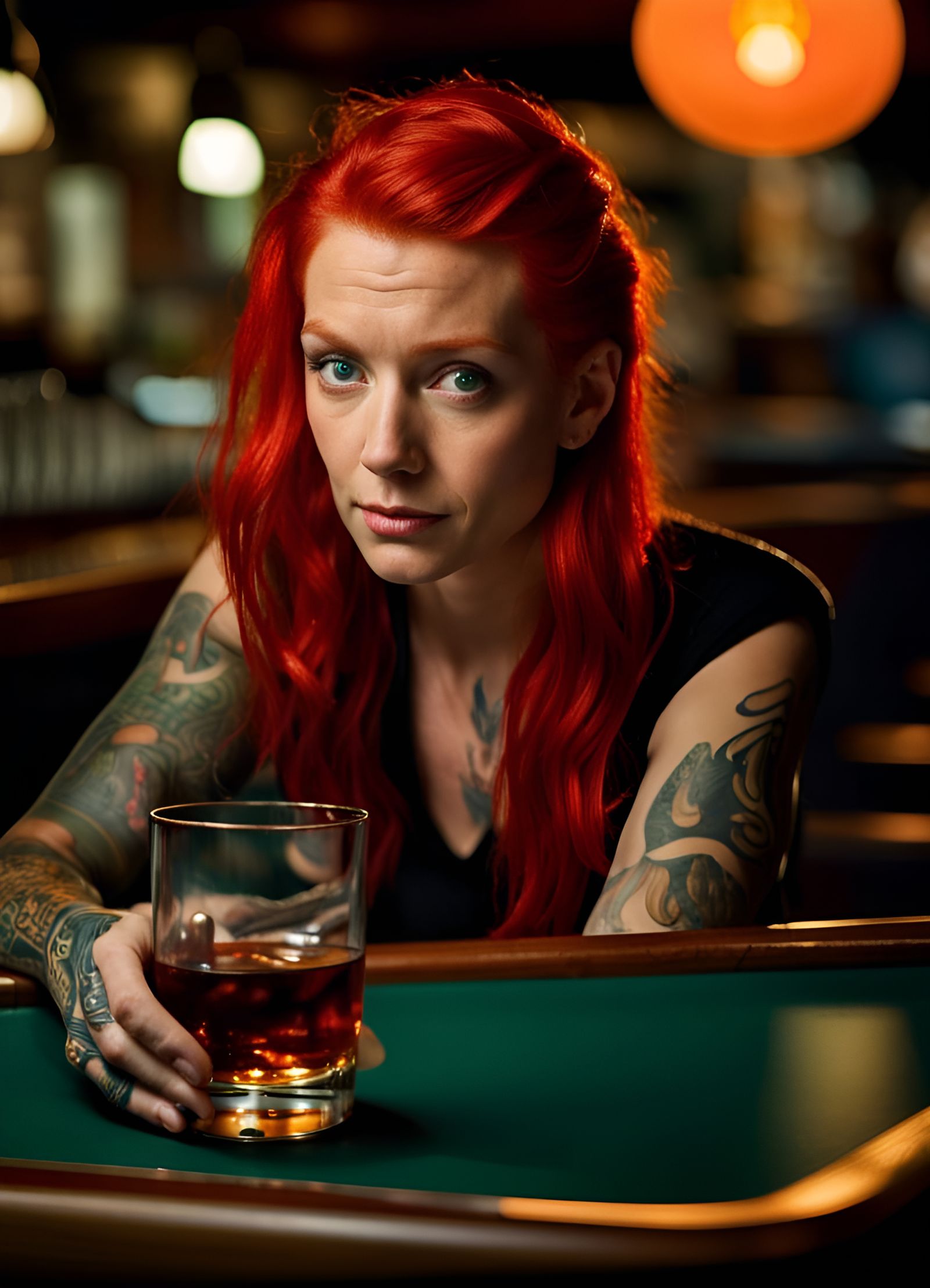Red Haired Woman with Whiskey in Bar Portrait