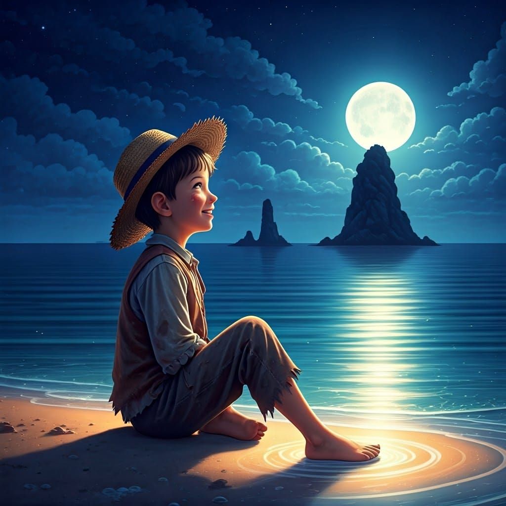 Boy Radiates Joy on Moonlit Beach