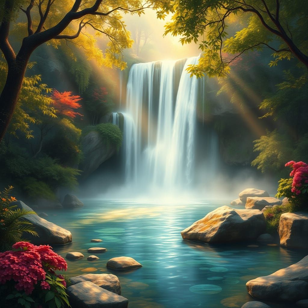 Majestic Waterfall Landscape in Luminous Oil Painting Style