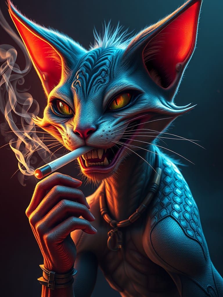 Cat-Like Alien Smoking in Hyperdetailed Sci-Fi Style