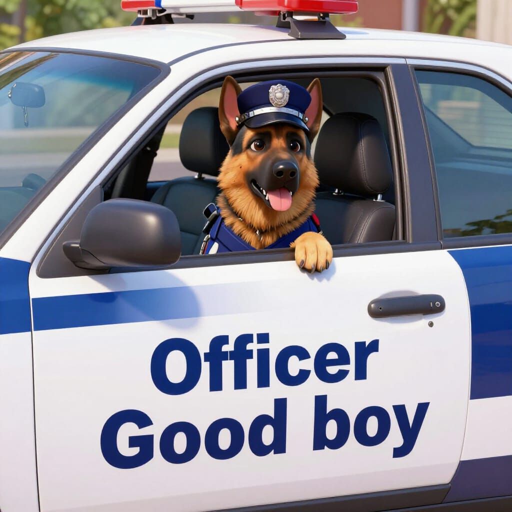 German Shepherd Officer Good Boy in Police Car, 3D Anime Sty...