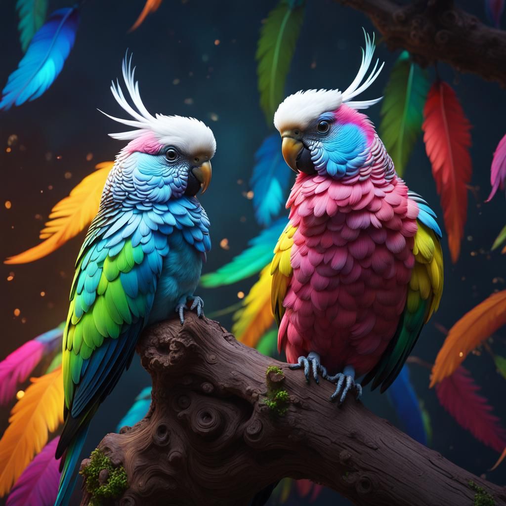 cockatoo cross with fluorescent rainbow feathers