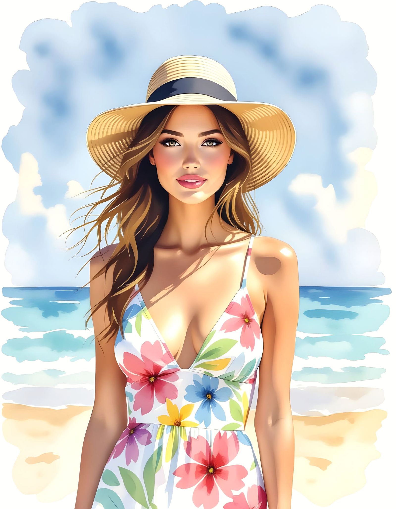 Watercolor Beach Scene of Woman Enjoying Summer