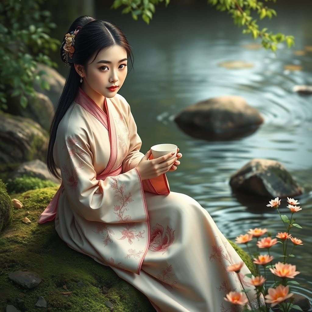 Serene Korean Woman in Hanbok on Streambank in Photorealisti...