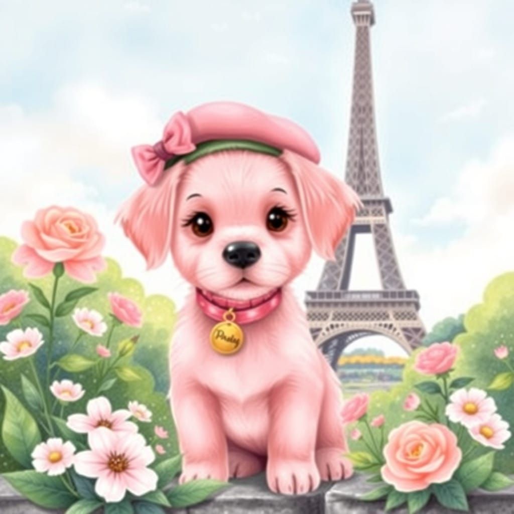 Whimsical Pink Pup in Parisian Blooms