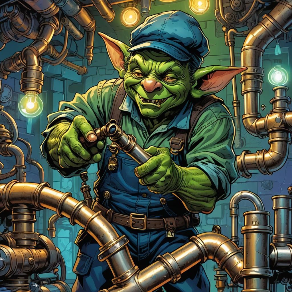 Goblin Plumber Fixes Party Pipe, Comic Book Art