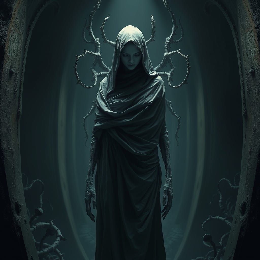 Biomechanical Nymph in Dark, Eerie Environment