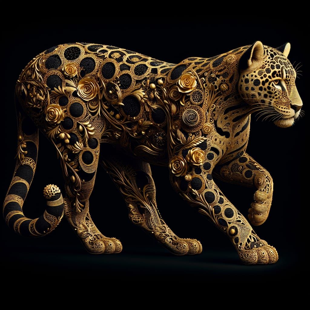 Golden Lace Jaguar with Black Roses: Hyperrealistic Image