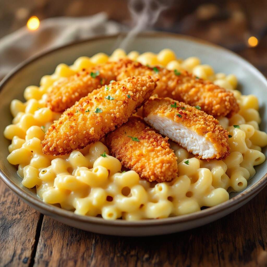 Creamy Macaroni and Cheese with Crispy Chicken Strips