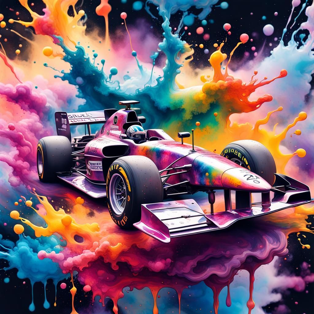 F1 Race Car in Colorful Liquid Ink Splatter