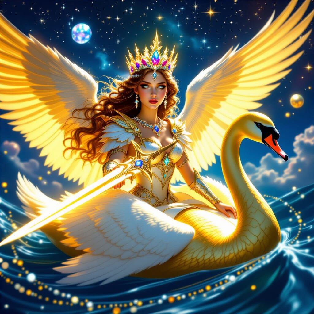 Angel Riding Golden Swan in Cosmic Sky