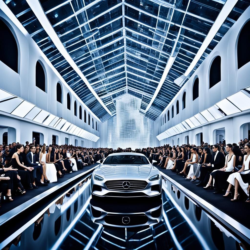 Futuristic Fashion Show with Luxury Cars in Cinematic Style
