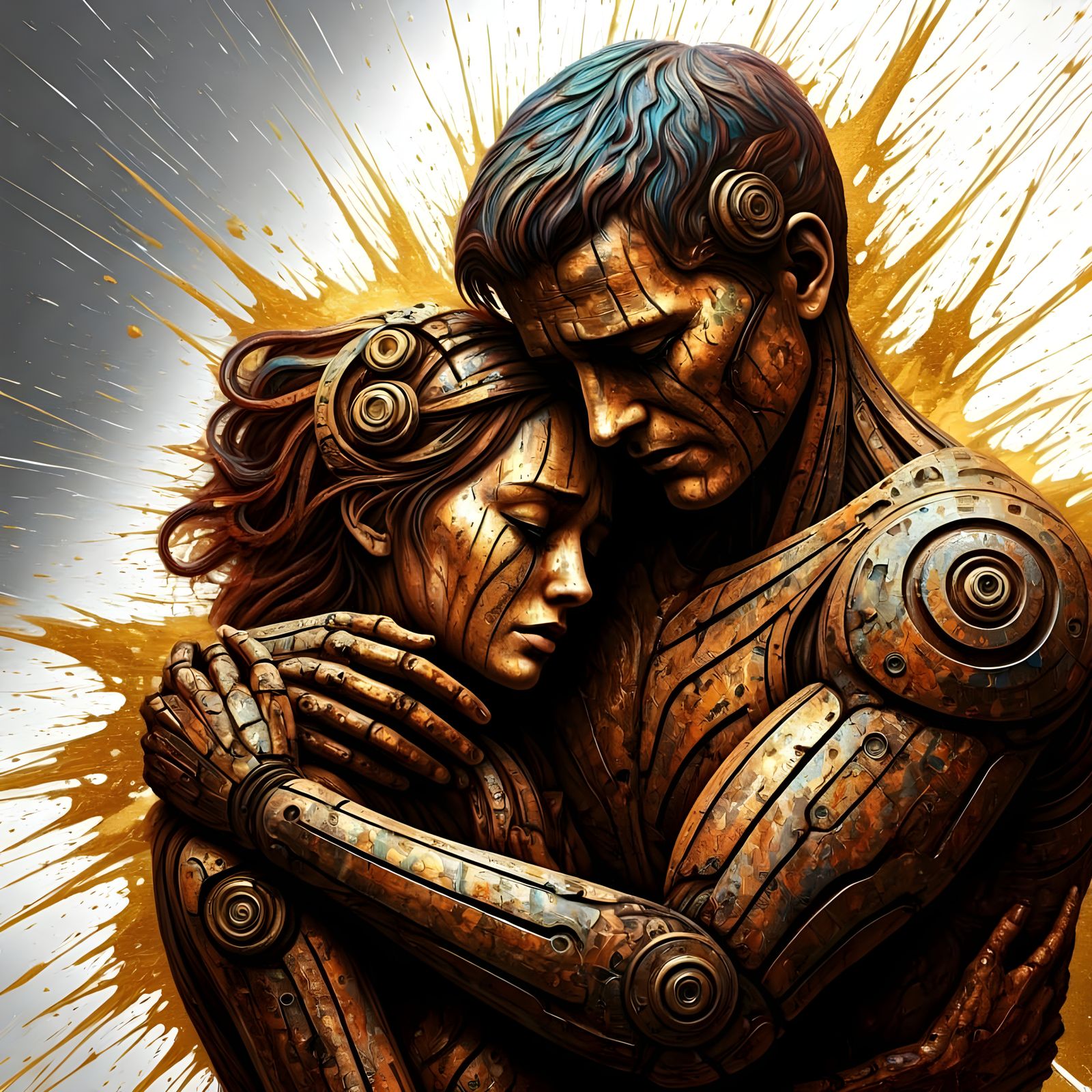 Cyborg Couple's Emotional Embrace in Ink Splatter Art