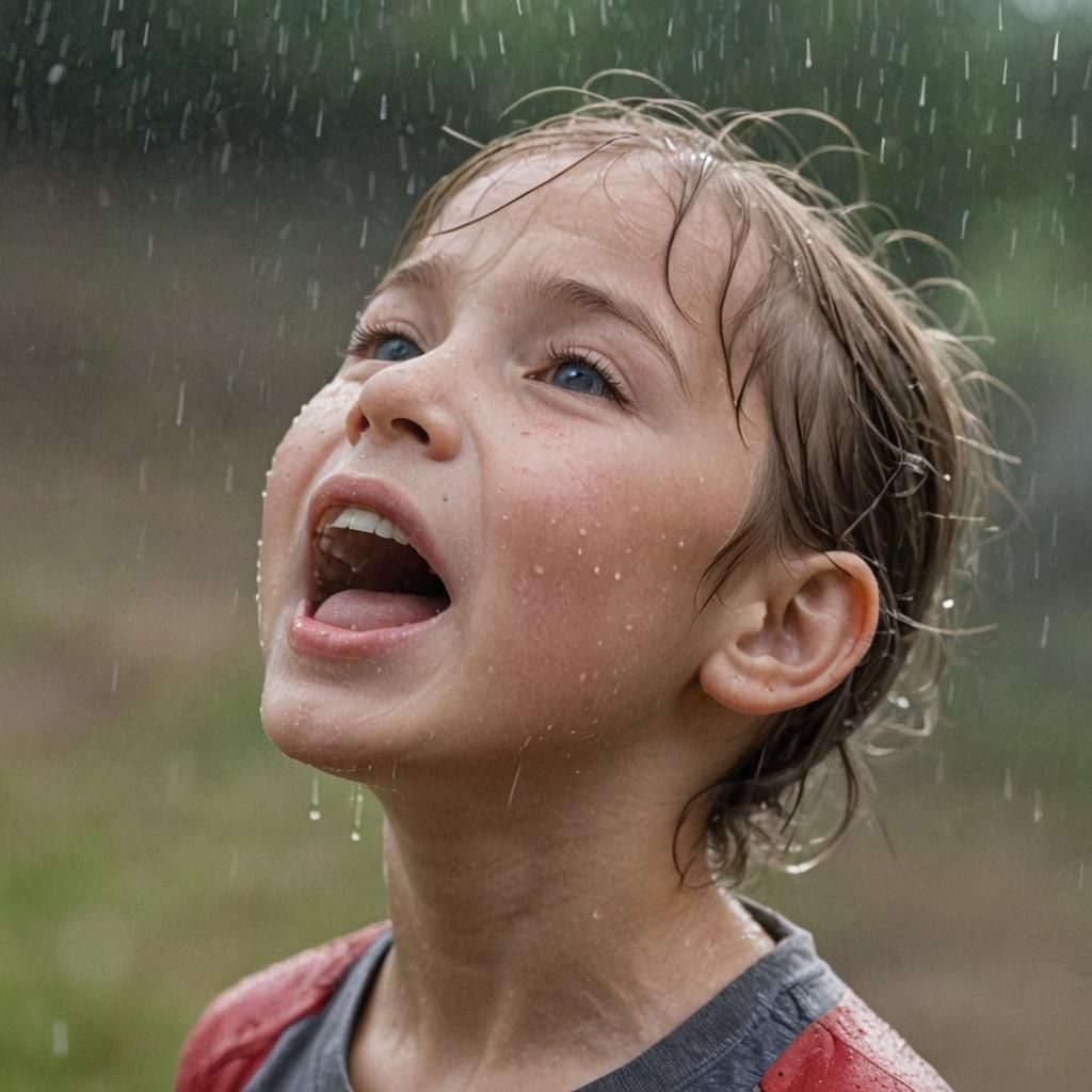 Child Catches Raindrops in Mouth During Storm