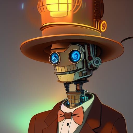 Steampunk Robot Bartender in Ghibli Style