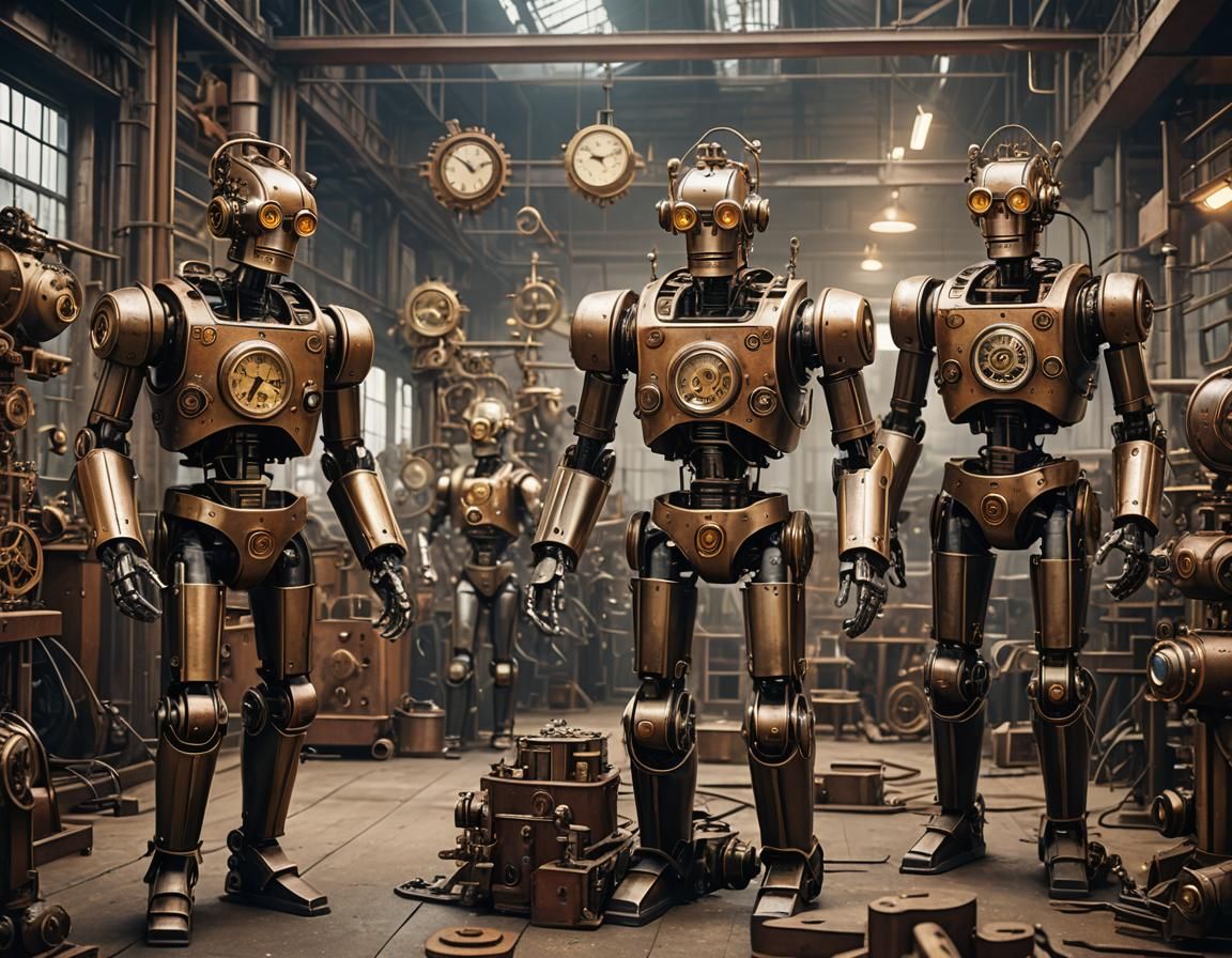 Clockwork Robots Malfunction in Steampunk Factory