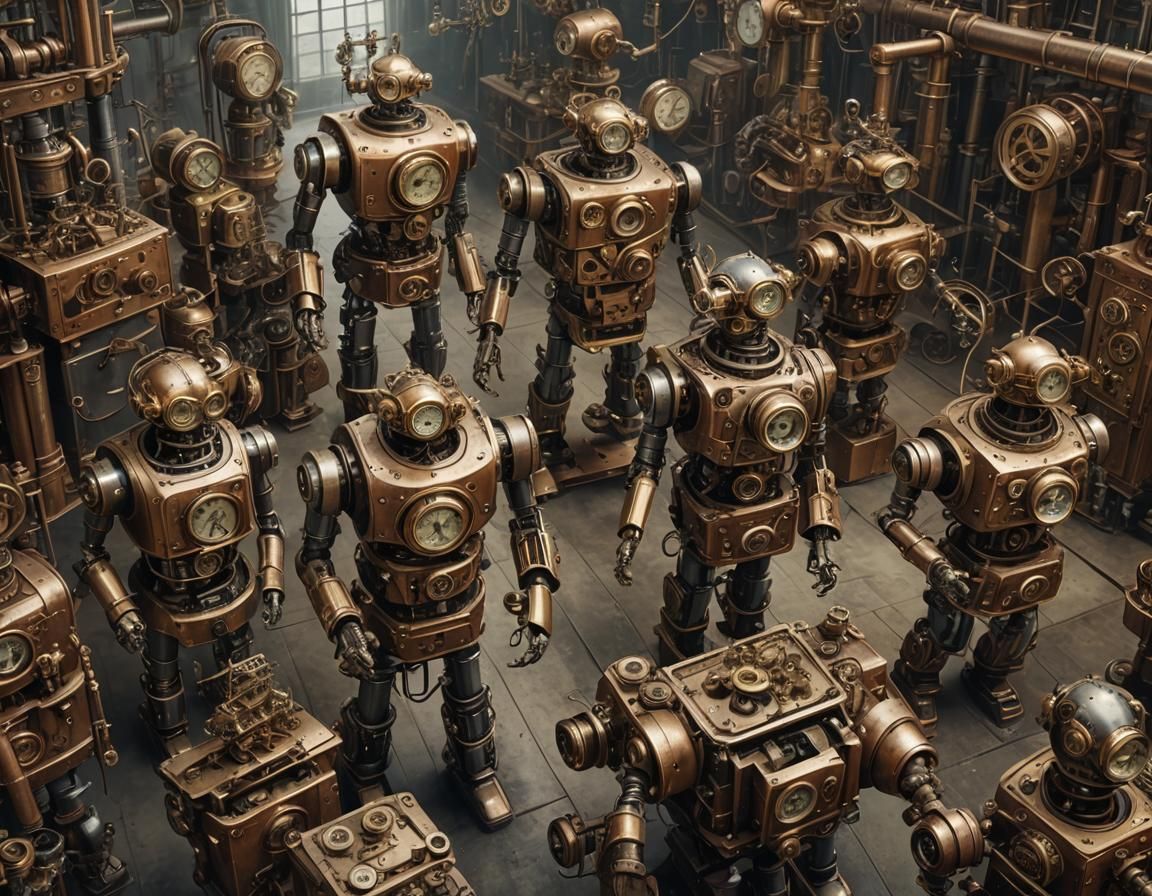 Clockwork Robots Malfunction in Steampunk Factory