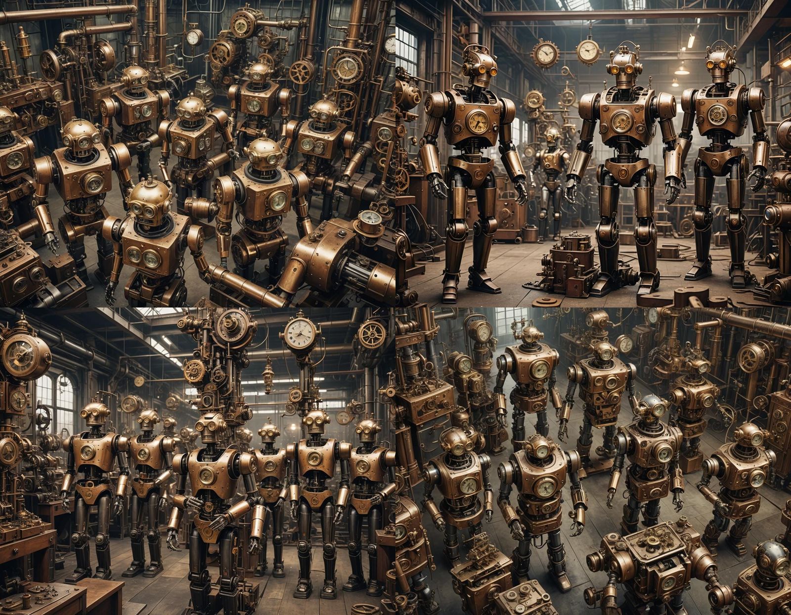 Clockwork Robots Malfunction in Steampunk Factory Chaos