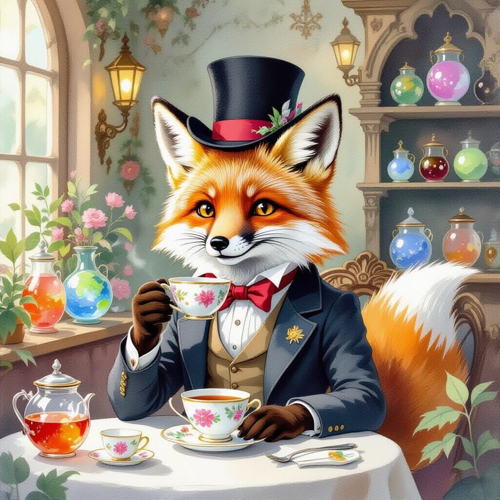 Fox Sipping Tea in Alien Cafe, Watercolor Style