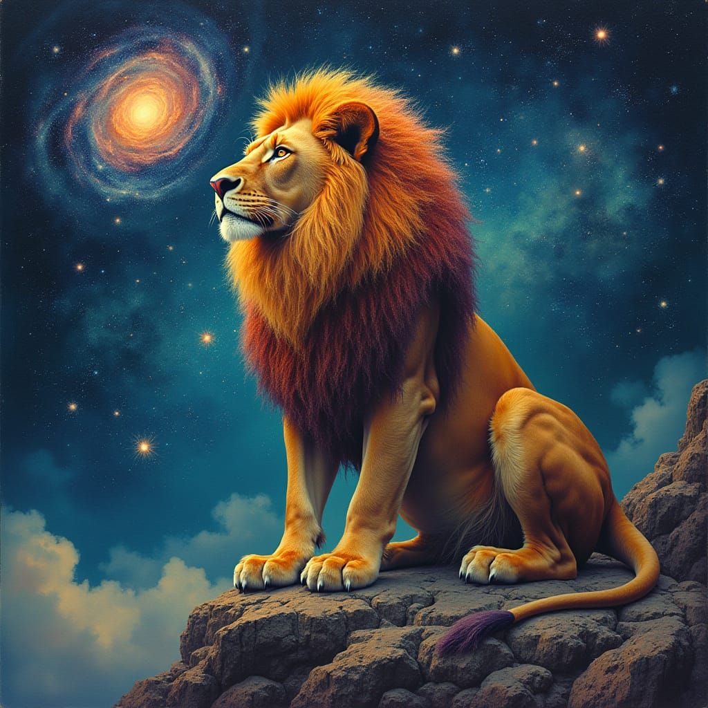 Cosmic Lion Surrounded by Swirling Galaxy in Surrealist Styl...
