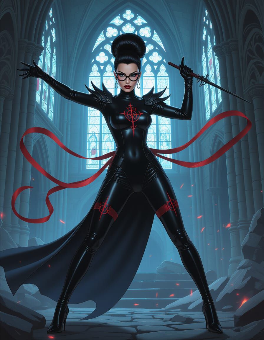 Woman with Devil Hands in Gothic Cathedral Ruins