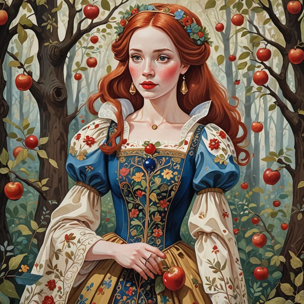 Snow White in Medieval Forest: Folk Art Gouache Painting