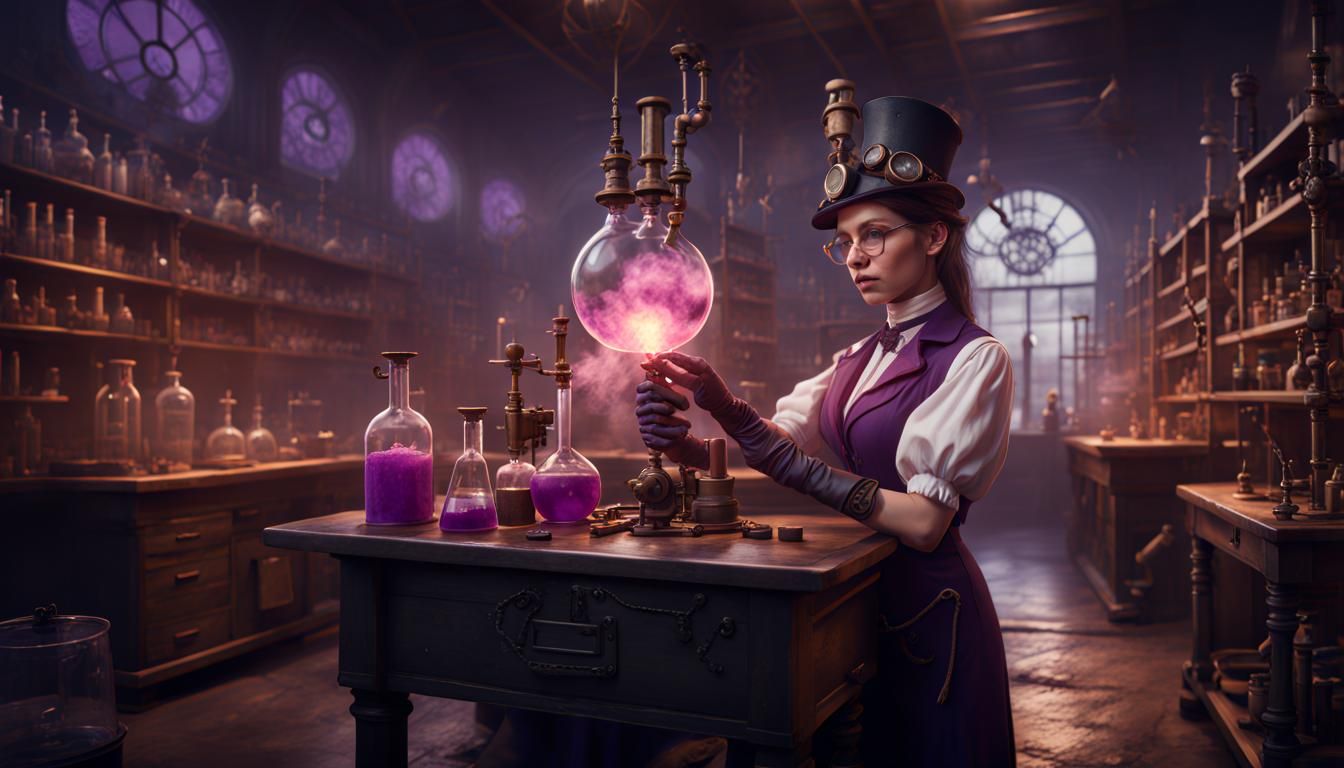 Steampunk Scientist in Chemistry Lab with Purple Smoke